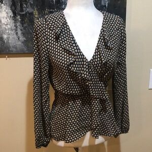 Max Studio Ruffle Wrap Front V-neck Tie Elastic Waist Long Sleeve Top-XS